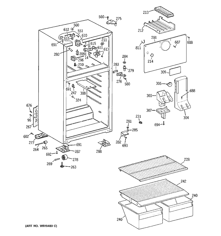 CABINET Diagram and Parts List for GTS18BBRFRWW  General Electric Refrigerator