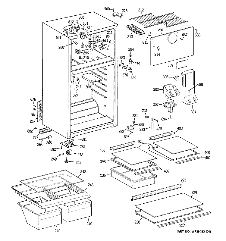 CABINET Diagram and Parts List for GTT16HBRERCC  General Electric Refrigerator