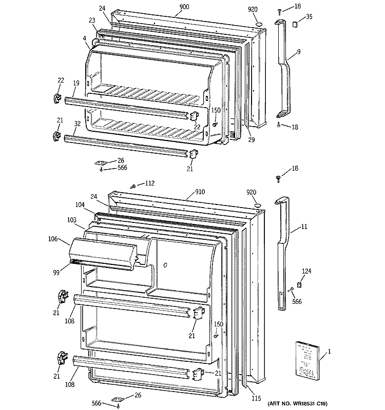 DOORS Diagram and Parts List for GTT18FBRFRWW  General Electric Refrigerator