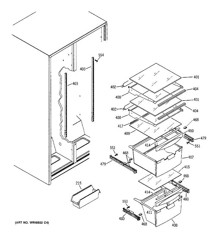 FRESH FOOD SHELVES Diagram and Parts List for RSG20IBMBFWW  General Electric Refrigerator