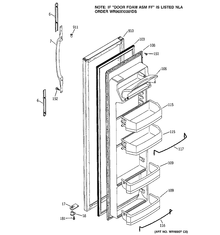 FRESH FOOD DOOR Diagram and Parts List for RSG25IEMCFWW  General Electric Refrigerator