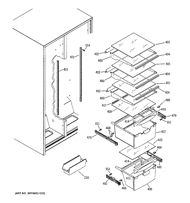 FRESH FOOD SHELVES Diagram and Parts List for RSG20IDPDFWH  General Electric Refrigerator