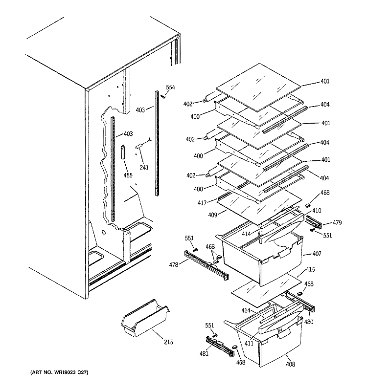 FRESH FOOD SHELVES Diagram and Parts List for RSG20IDMCFWH  General Electric Refrigerator