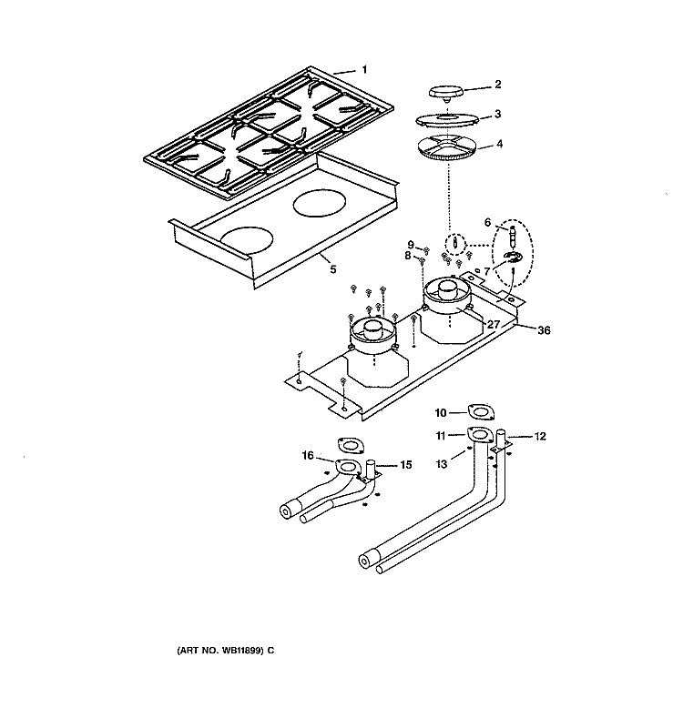 BURNER ASSEMBLY Diagram and Parts List for ZGU48N4GD1SS  General Electric Cooktop