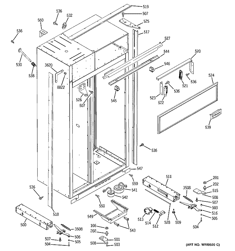 CASE PARTS Diagram and Parts List for ZIS360NRA  General Electric Refrigerator