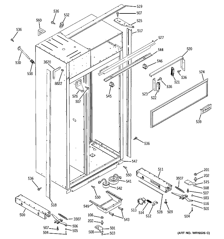 CASE PARTS Diagram and Parts List for ZIS480NRA  General Electric Refrigerator