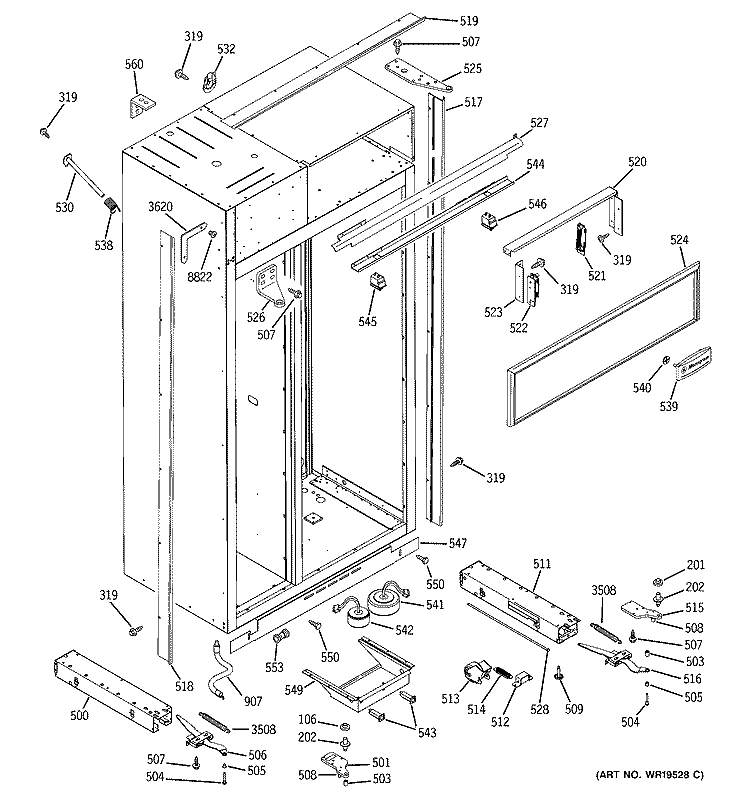 CASE PARTS Diagram and Parts List for ZISS360DRASS  General Electric Refrigerator