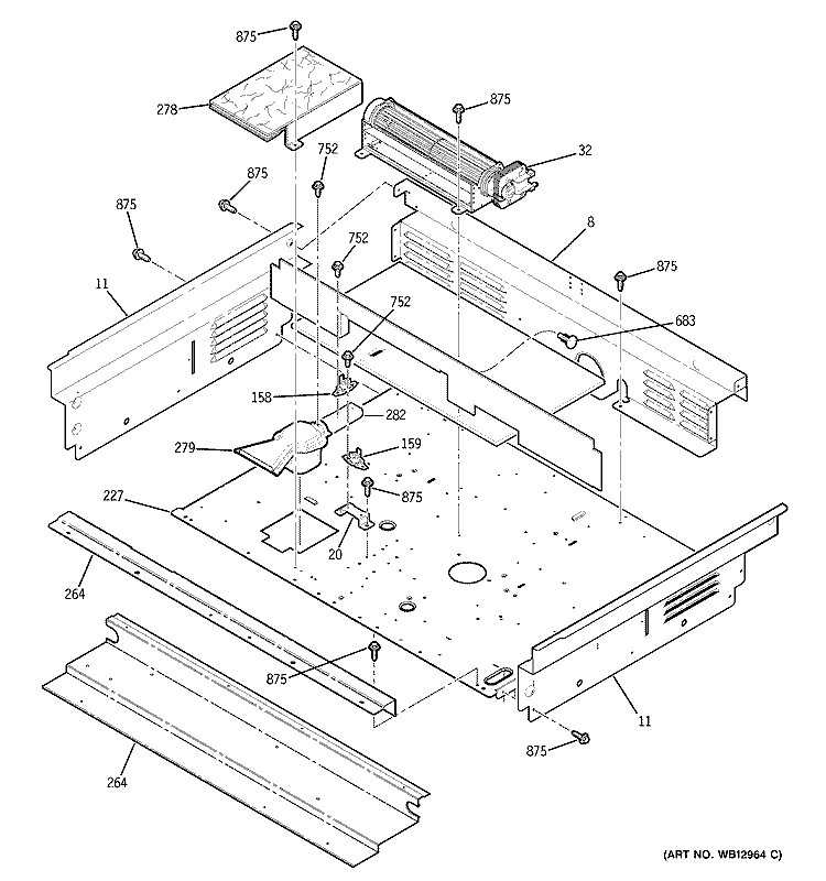 COOLING FAN Diagram and Parts List for J2S968SH1SS  General Electric Range