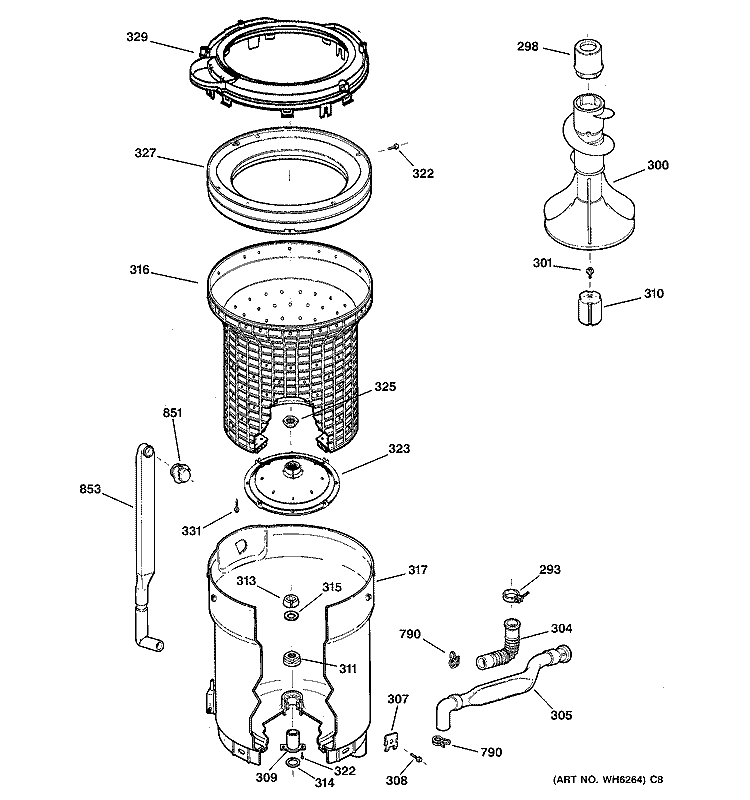 TUB, BASKET & AGITATOR Diagram and Parts List for WNCD2050A1WC  General Electric Washer