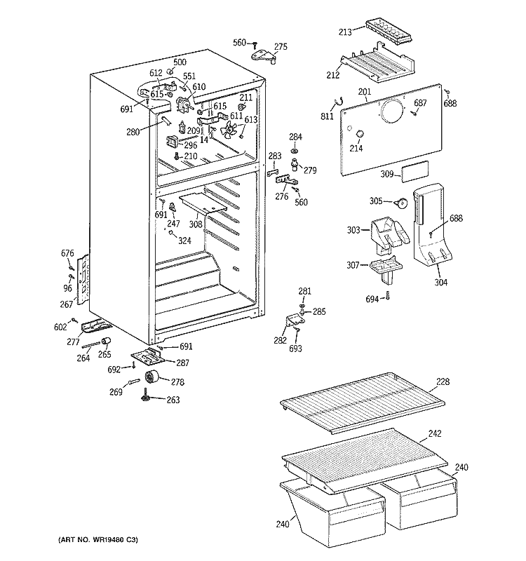 CABINET Diagram and Parts List for GTH15BBRELBB  General Electric Refrigerator