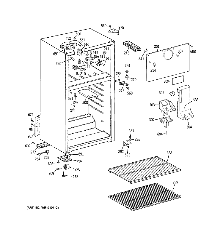 CABINET Diagram and Parts List for GTR18ABRFRWW  General Electric Refrigerator
