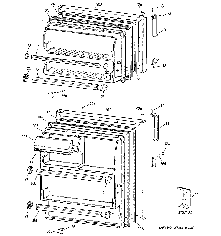 DOORS Diagram and Parts List for GTS16GBRERWW  General Electric Refrigerator
