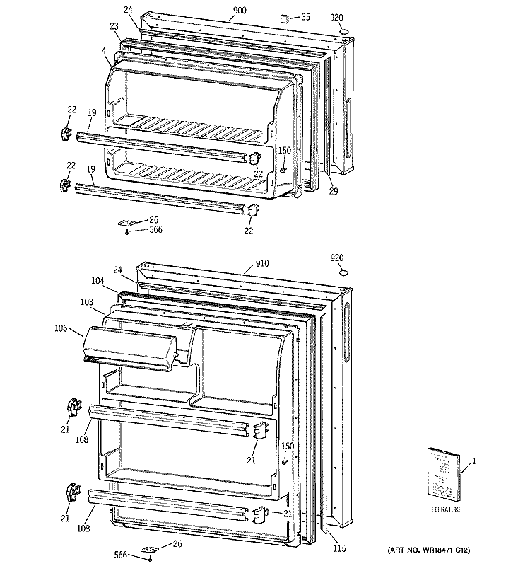 DOORS Diagram and Parts List for GTR18ABRERWW  General Electric Refrigerator