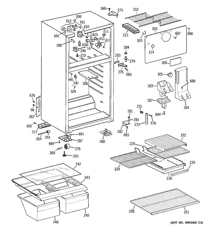 CABINET Diagram and Parts List for GTT18FBRERWW  General Electric Refrigerator