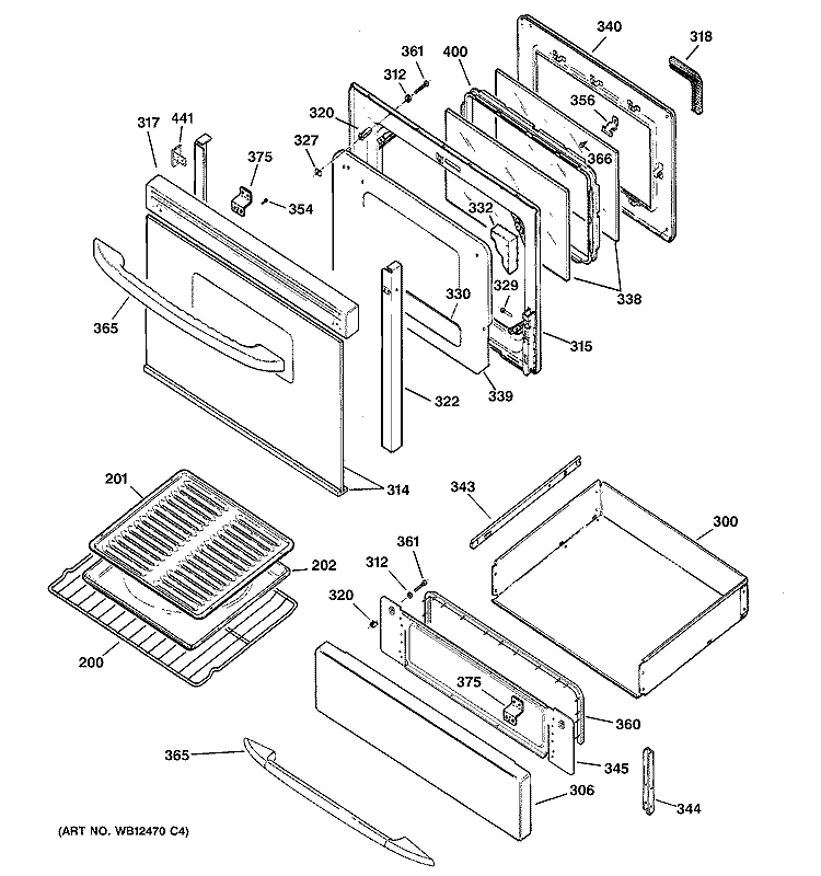 DOOR & DRAWER PARTS Diagram and Parts List for JGBP99SEH1SS  General Electric Range