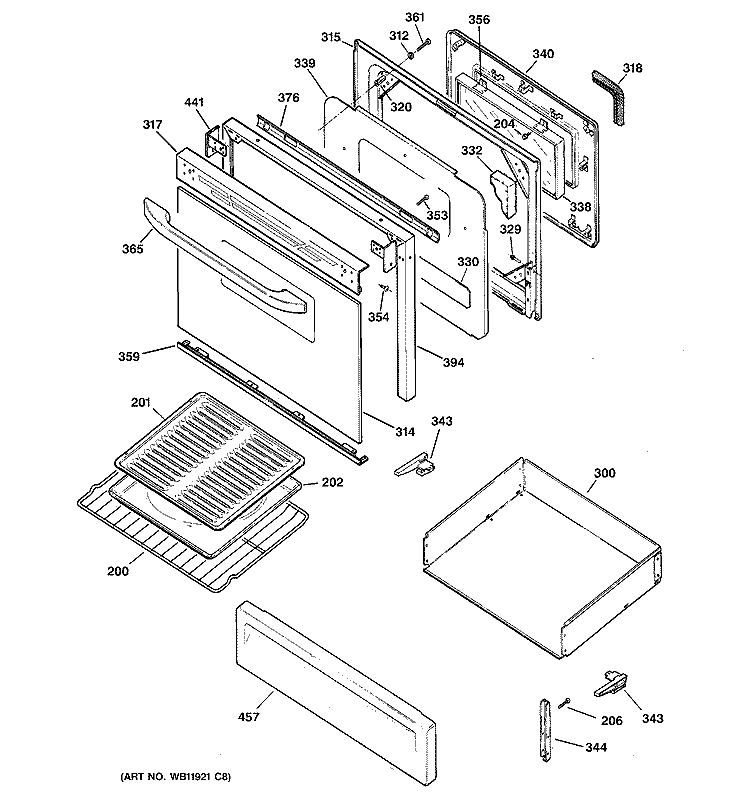 DOOR & DRAWER PARTS Diagram and Parts List for JGBP28TEH3WW  General Electric Range
