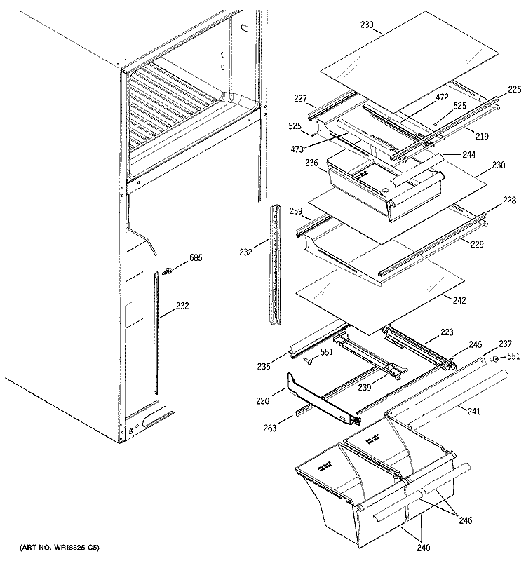 FRESH FOOD SHELVES Diagram and Parts List for HTS18IBPDRCC  Hotpoint Refrigerator