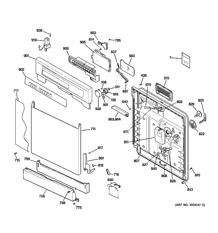 ESCUTCHEON & DOOR ASSEMBLY Diagram and Parts List for EDW3000G02CC  General Electric Dishwasher
