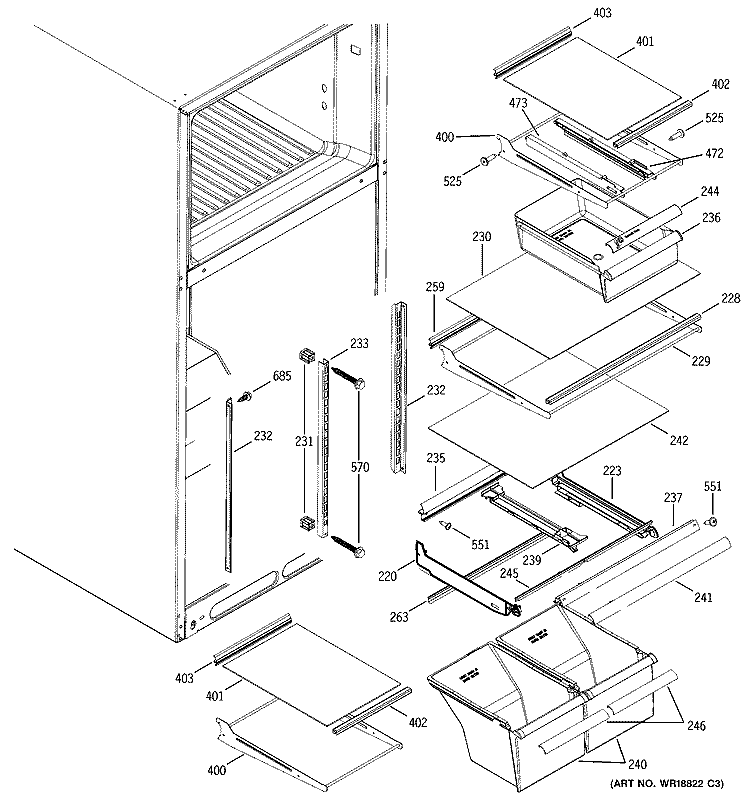 FRESH FOOD SHELVES Diagram and Parts List for DTS18ICRDRWW  General Electric Refrigerator