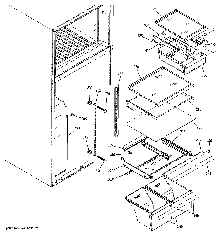 FRESH FOOD SHELVES Diagram and Parts List for GTS18JBPDRCC  General Electric Refrigerator