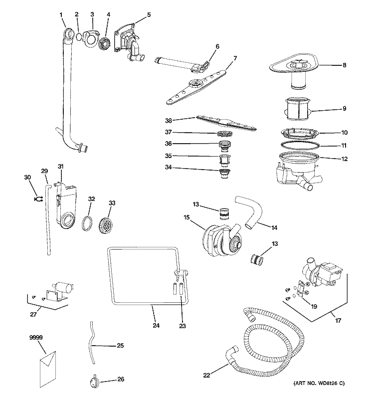 MOTOR - PUMP MECHANISM Diagram and Parts List for ZBD1800GSS  General Electric Dishwasher