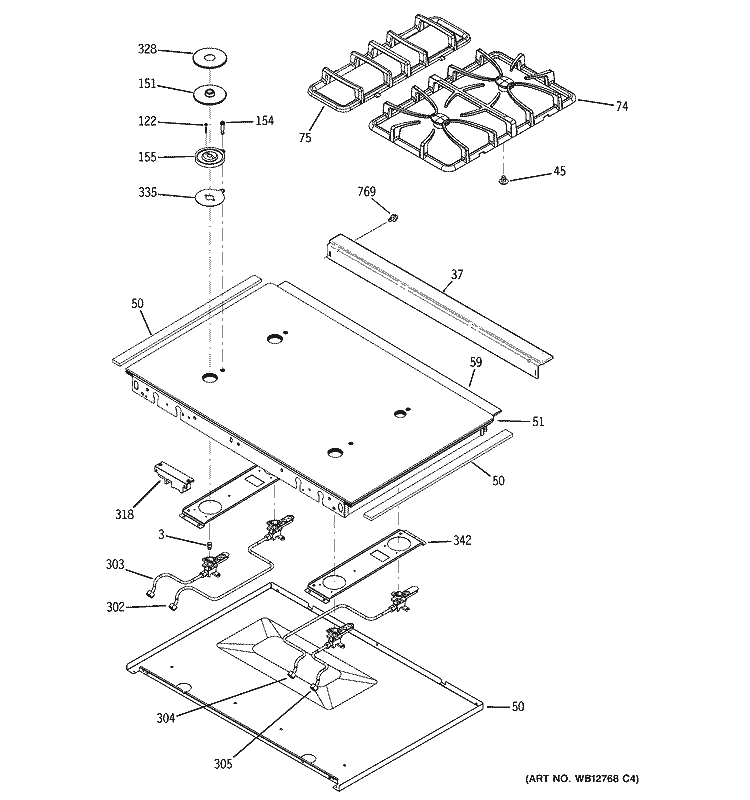 COOKTOP Diagram and Parts List for J2S968SH3SS  General Electric Range