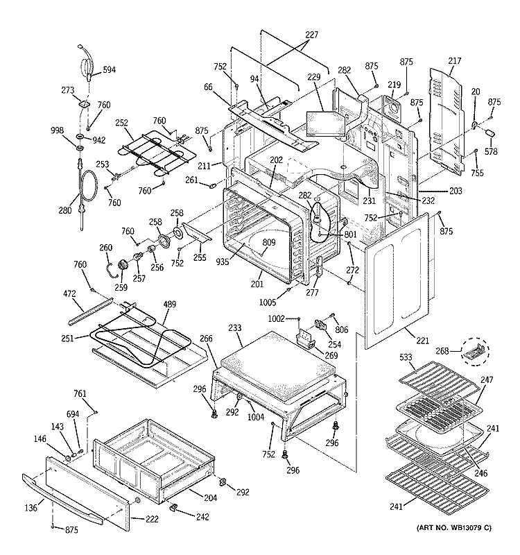 BODY PARTS Diagram and Parts List for JB968BH1BB  General Electric Range