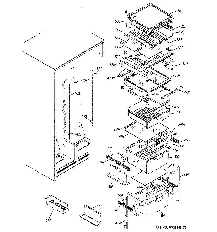 FRESH FOOD SHELVES Diagram and Parts List for GSG25MIPDFBB  General Electric Refrigerator