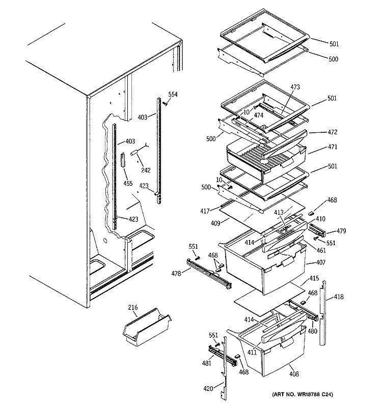 FRESH FOOD SHELVES Diagram and Parts List for GSH22SGPDSS  General Electric Refrigerator