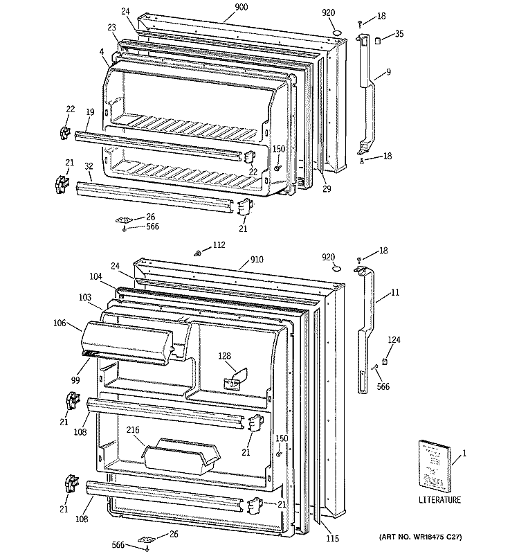DOORS Diagram and Parts List for GTG15HBRCRWW  General Electric Refrigerator