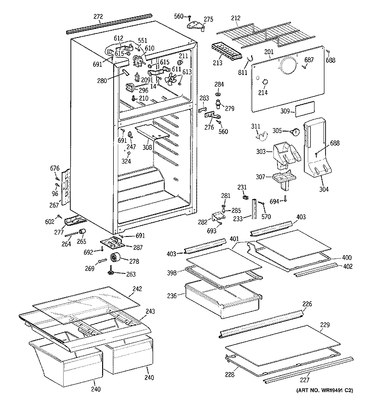 CABINET Diagram and Parts List for GTG15HBRCRWW  General Electric Refrigerator