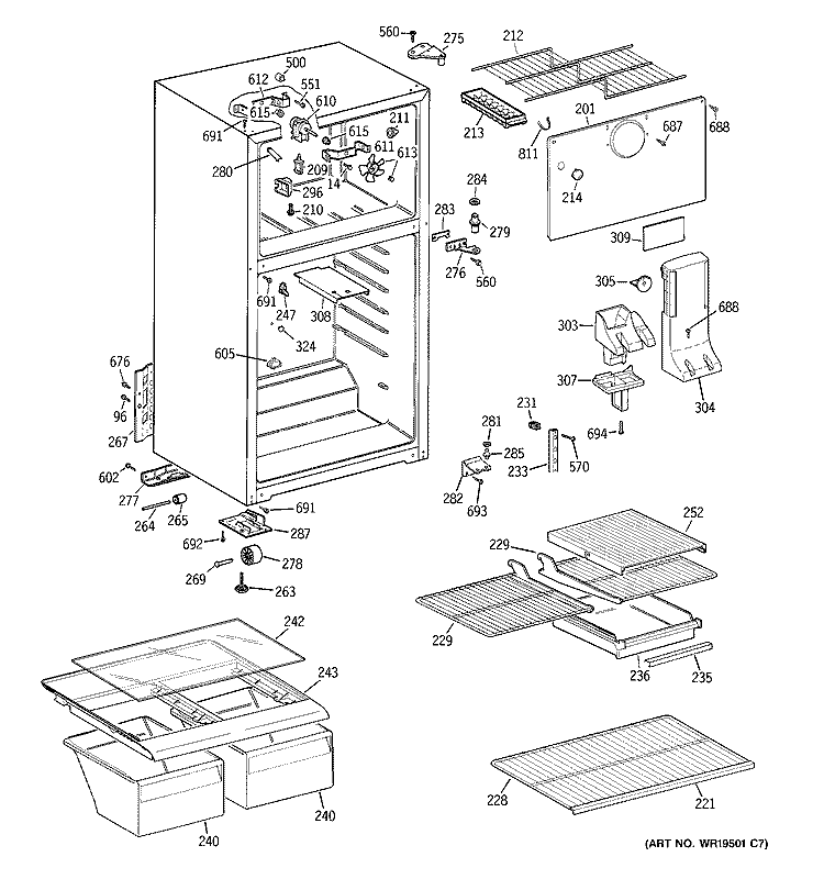 CABINET Diagram and Parts List for GTT15FBRERCC  General Electric Refrigerator
