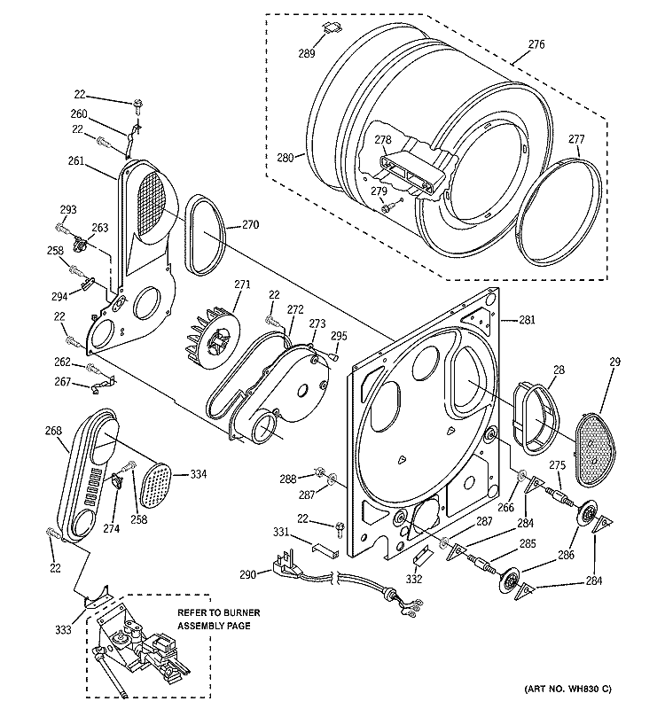 DRYER DRUM & BACK PANEL Diagram and Parts List for WSM2480D0WW  General Electric Washer Dryer Combo