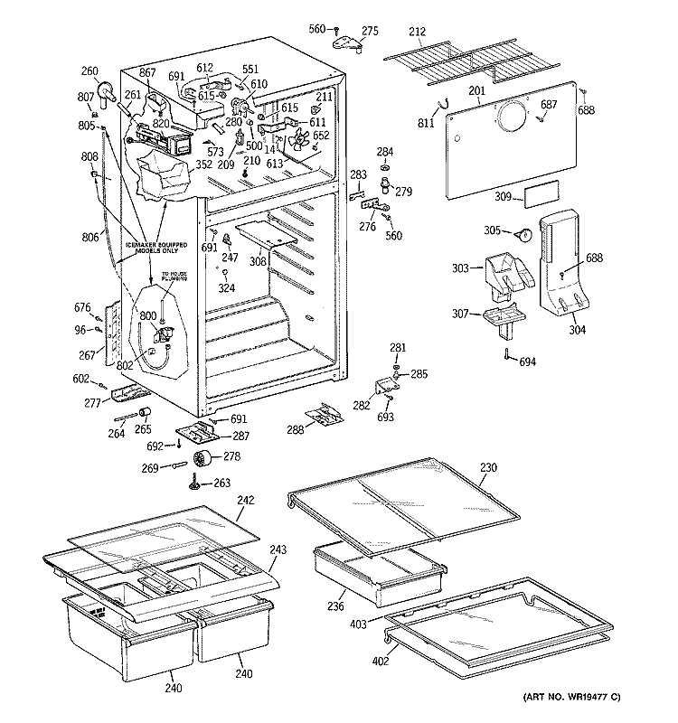CABINET Diagram and Parts List for GTS18QCRFRCC  General Electric Refrigerator