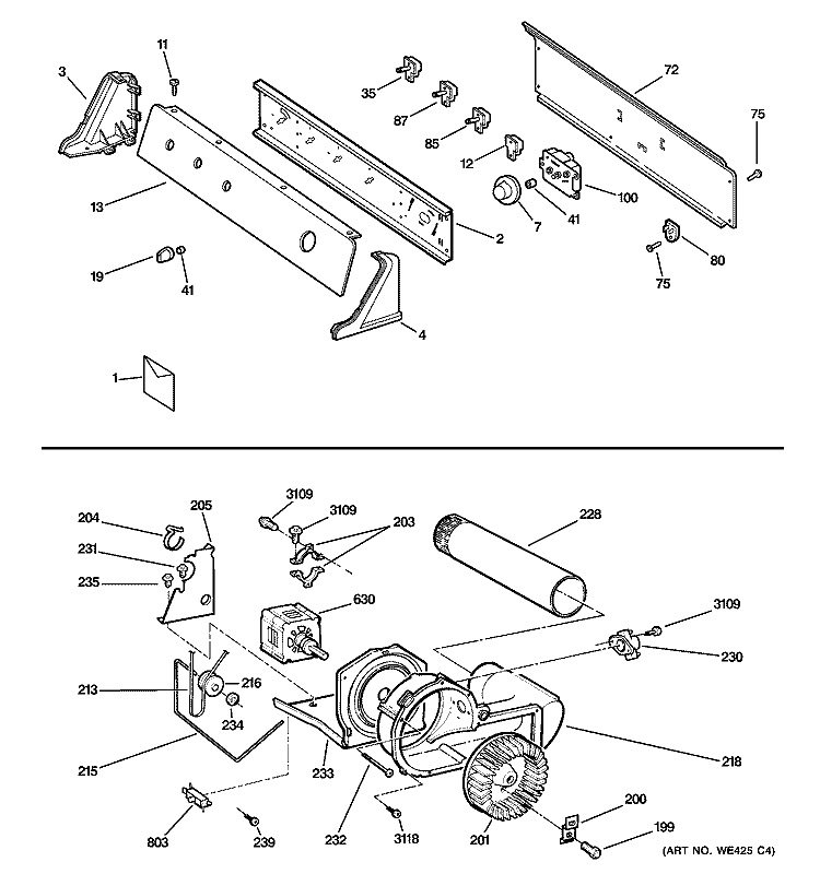 BACKSPLASH, BLOWER & MOTOR ASSEMBLY Diagram and Parts List for DHDRR48EE0WW  General Electric Dryer