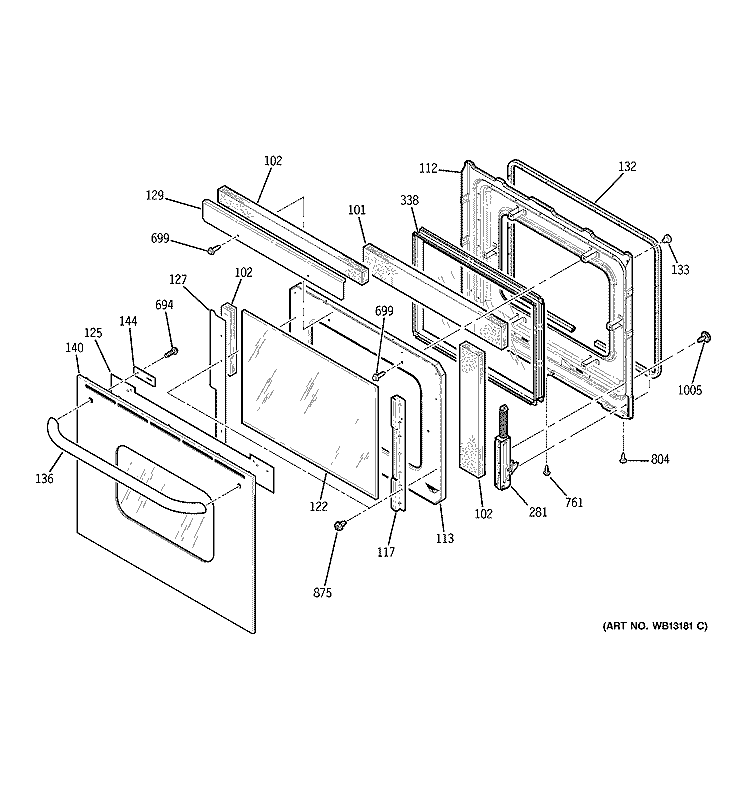 DOOR Diagram and Parts List for JKP50SH1SS  General Electric Wall Oven