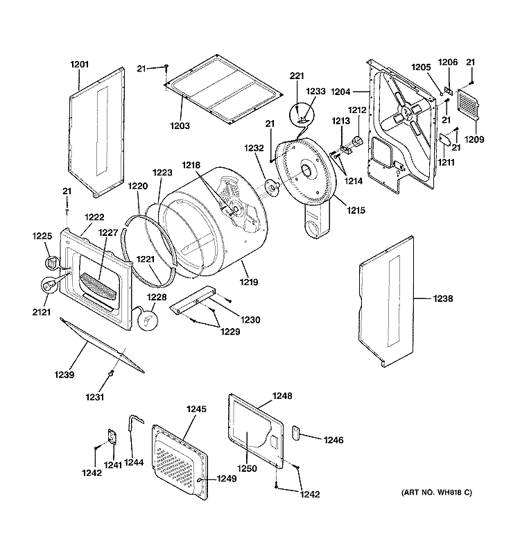 DRYER UPPER CABINET, DRUM & HEATER Diagram and Parts List for WSM2780DBWWW  General Electric Washer Dryer Combo