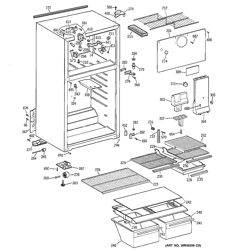 CABINET Diagram and Parts List for TBZ14DACJRWW  General Electric Refrigerator