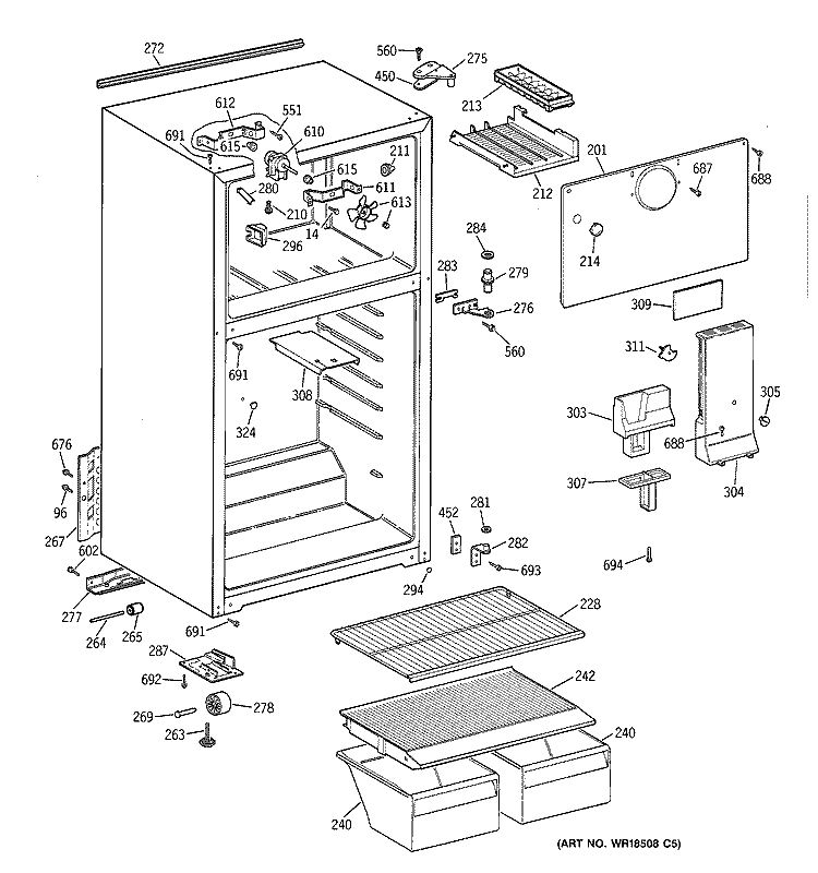 CABINET Diagram and Parts List for TBZ14SACDRWW  General Electric Refrigerator