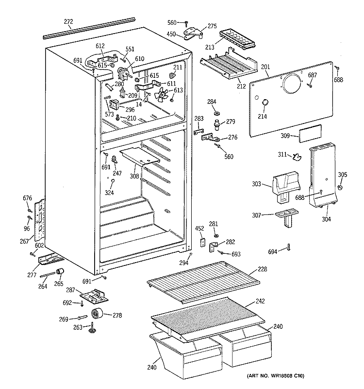 CABINET Diagram and Parts List for TBZ14SACJRWW  General Electric Refrigerator
