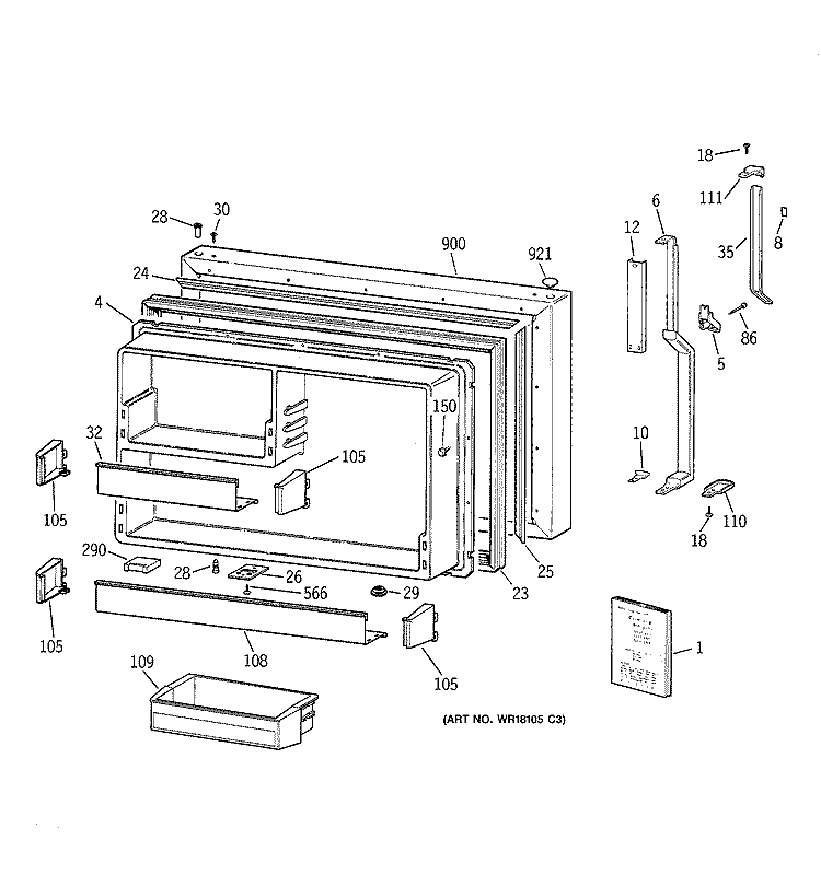 FREEZER DOOR Diagram and Parts List for TBX25PAYARWW  General Electric Refrigerator