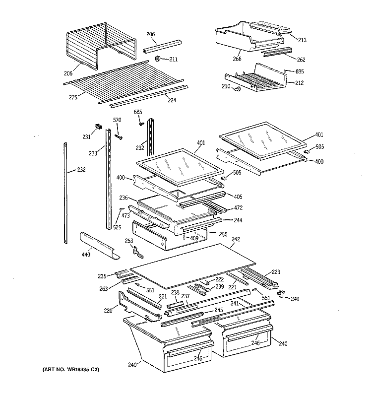 SHELF PARTS Diagram and Parts List for TBX25PAYARWW  General Electric Refrigerator