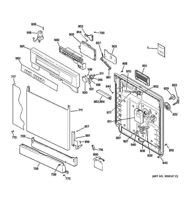 ESCUTCHEON & DOOR ASSEMBLY Diagram and Parts List for EDW3000G03CC  General Electric Dishwasher