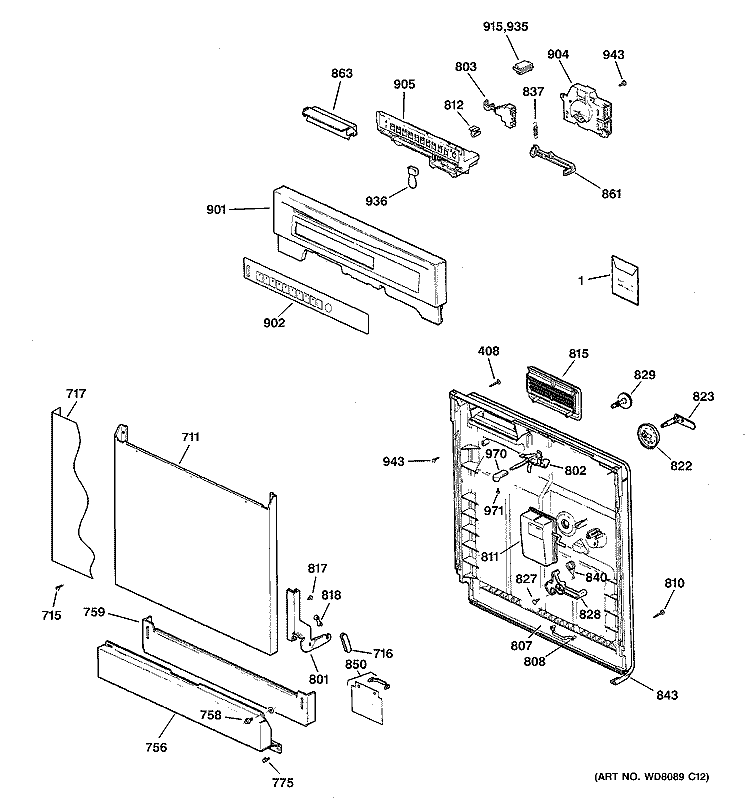 ESCUTCHEON & DOOR ASSEMBLY Diagram and Parts List for GSD5600G03CC  General Electric Dishwasher