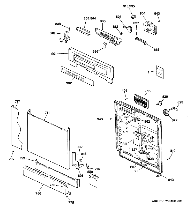 ESCUTCHEON & DOOR ASSEMBLY Diagram and Parts List for GSD5700G03BB  General Electric Dishwasher