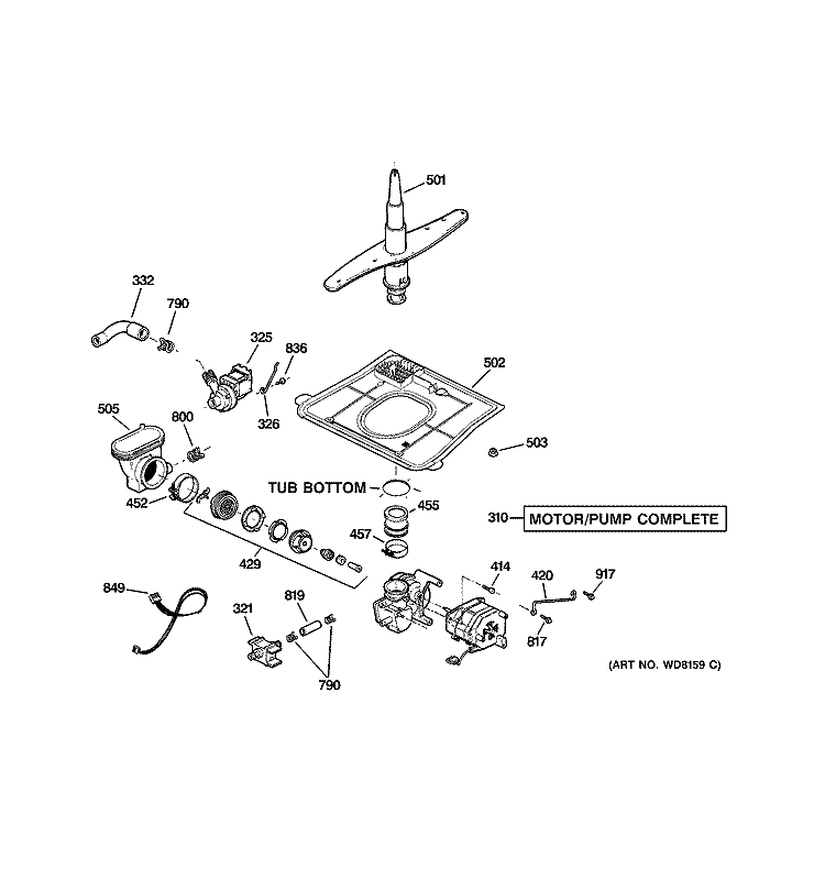 MOTOR - PUMP MECHANISM Diagram and Parts List for GSD5700G03BB  General Electric Dishwasher