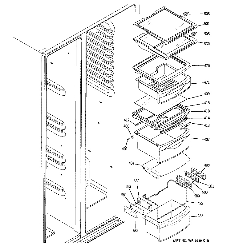 FRESH FOOD SHELVES Diagram and Parts List for PCT23MGPBCC  General Electric Refrigerator