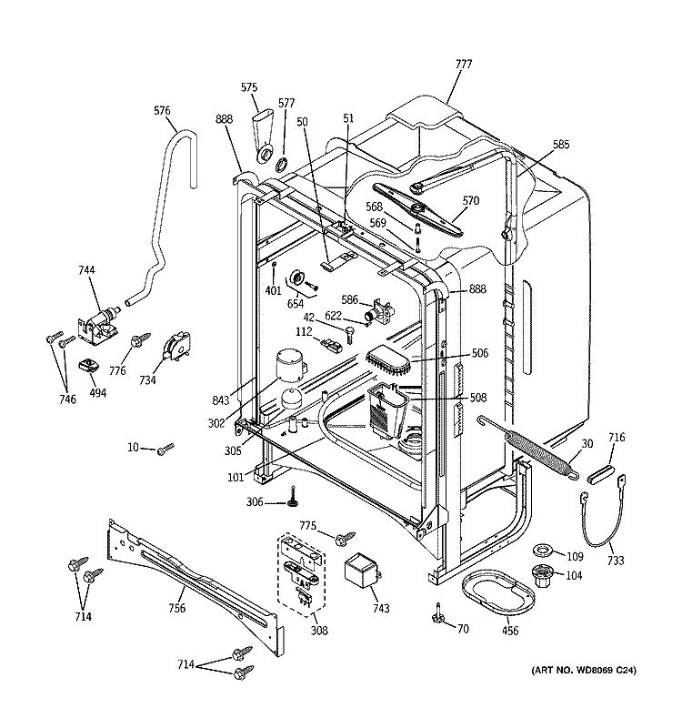 BODY PARTS Diagram and Parts List for SSD4900J01WW  General Electric Dishwasher