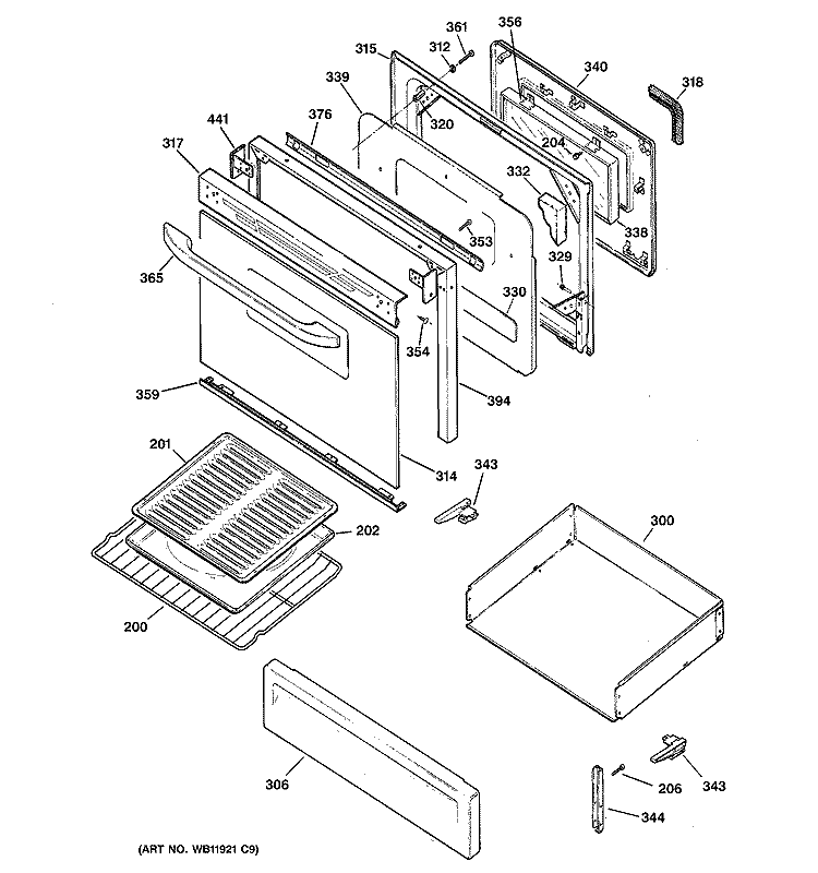 DOOR & DRAWER PARTS Diagram and Parts List for JGBP28EEH1BB  General Electric Range