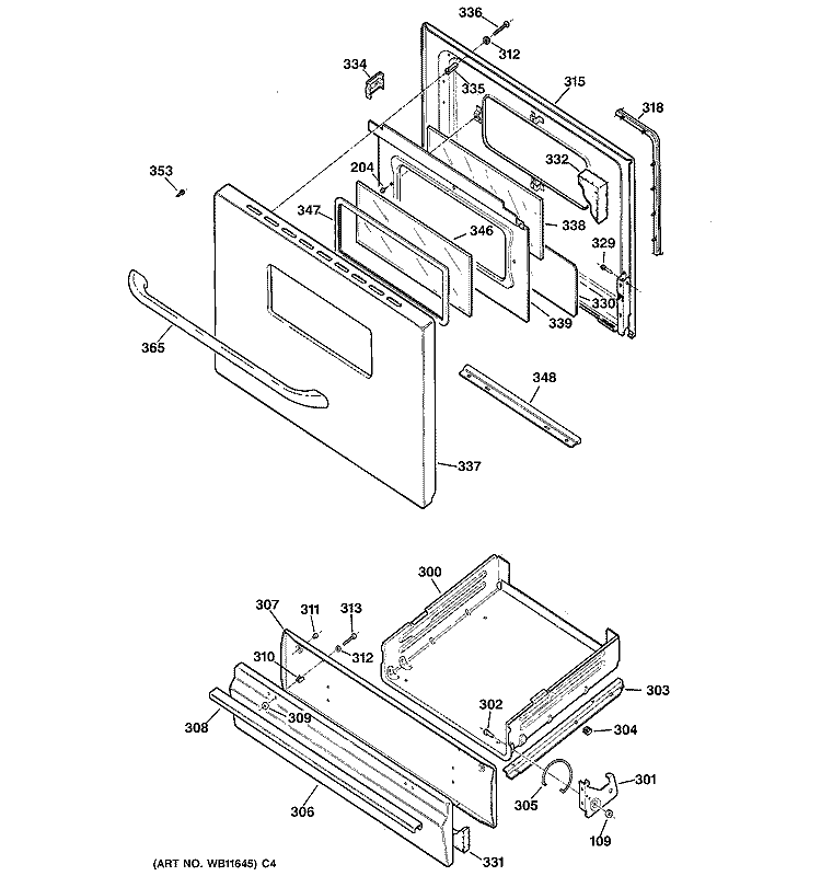 DOOR & DRAWER PARTS Diagram and Parts List for JGBS07PEH1CC  General Electric Range